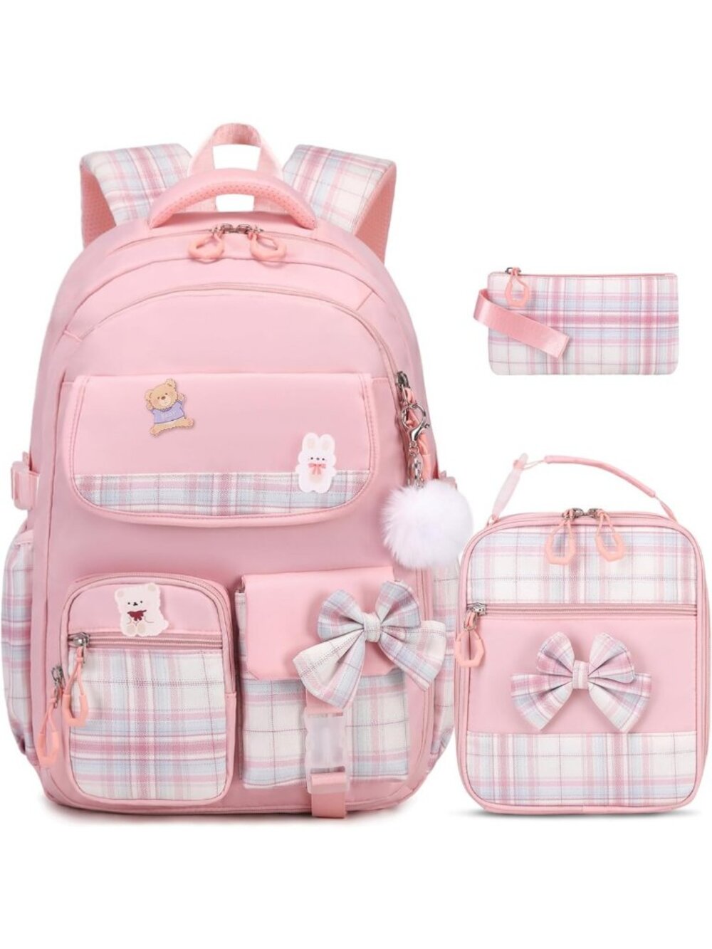 Girls' 3-Piece Bow Backpack Set with Lunch Box & Pencil Case - Cute & Stylish!